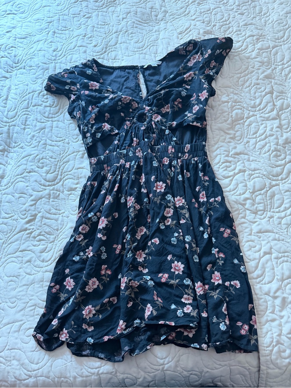 American Eagle Dress Small Black Pink Floral A Line Twist Keyhole Front